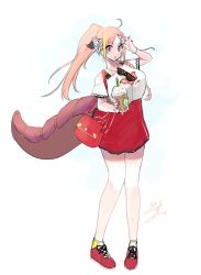 Rule 34 | 1girl, ahoge, alternate costume, alternate hairstyle, bag, bare legs, bare shoulders, blonde hair, bow, bracelet, braid, casual, collar, commentary request, cup, diagonal-striped bow, disposable cup, dragon girl, dragon horns, dragon tail, drinking straw, eyewear hang, full body, handbag, highres, holding, holding cup, hololive, horn bow, horn ornament, horns, isuka, jewelry, kiryu coco, long braid, long hair, looking at viewer, multicolored eyes, multicolored hair, nail polish, off shoulder, orange hair, parted bangs, pointy ears, ponytail, print shirt, purple eyes, red eyes, red footwear, red nails, red skirt, scales, shirt, shoes, short sleeves, shoulder bag, sidelocks, signature, simple background, single braid, skirt, solo, standing, streaked hair, striped, striped bow, sunglasses, sweat, tail, unworn eyewear, virtual youtuber, white background, white shirt