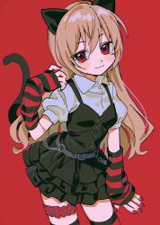 Rule 34 | 1girl, animal ears, arm at side, arm warmers, belt, black arm warmers, black dress, blonde hair, bridal garter, cat ears, cat tail, chromatic aberration, closed mouth, cowboy shot, dress, frilled dress, frills, grey belt, hand up, highres, kneehighs, layered clothes, layered sleeves, light smile, long hair, long sleeves, looking at viewer, looking to the side, nail polish, open hand, original, puffy short sleeves, puffy sleeves, red arm warmers, red background, red eyes, red nails, shirt, short over long sleeves, short sleeves, simple background, socks, solo, spaghetti strap, standing, striped arm warmers, tail, three quarter view, umipi, white shirt
