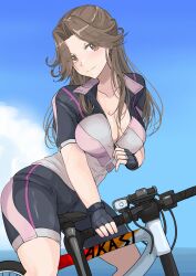 Rule 34 | 1girl, absurdres, bicycle, bike shorts, black gloves, black jacket, black shorts, blue sky, breasts, brown eyes, brown hair, cleavage, closed mouth, cloud, collarbone, day, fingerless gloves, gloves, highres, jacket, jintsuu (kancolle), kantai collection, ken (shutenndouji1), large breasts, long hair, looking at viewer, multicolored clothes, multicolored shorts, outdoors, parted bangs, riding, riding bicycle, short sleeves, shorts, sky, smile, solo, unzipping, zipper