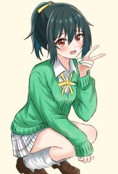 Rule 34 | 1girl, alternate hairstyle, blush, brown footwear, collared shirt, commentary request, fang, furrowed brow, green hair, green nails, green sweater, hair between eyes, highres, katanashi (ktnsh popu), loafers, long sleeves, looking at viewer, loose socks, love live!, love live! nijigasaki high school idol club, medium hair, mifune shioriko, neck ribbon, open mouth, plaid, plaid skirt, red eyes, ribbon, shirt, shoes, short ponytail, sidelocks, skirt, sleeves past wrists, socks, solo, squatting, sweater, v, white background, white shirt, white skirt, white socks, yellow ribbon