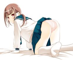 Rule 34 | 1girl, all fours, arm support, ass, backlighting, bed sheet, blouse, blue sailor collar, blue skirt, blunt bangs, blush, brown hair, closed mouth, clothes lift, commentary, crotch seam, feet, from behind, from side, frown, highres, kneehighs, looking at viewer, looking back, low ponytail, medium hair, miniskirt, moonsorrow, no shoes, on bed, original, panties, pleated skirt, ponytail, red eyes, sailor collar, school uniform, serafuku, shirt, sidelocks, simple background, skirt, skirt lift, socks, soles, solo, underwear, white background, white panties, white shirt