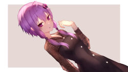 Rule 34 | 1girl, absurdres, ahoge, black dress, commentary, dress, dutch angle, hair ornament, hand up, highres, looking at viewer, parted lips, purple hair, shiburingaru, short hair with long locks, sidelocks, solo, upper body, vocaloid, voiceroid, yuzuki yukari