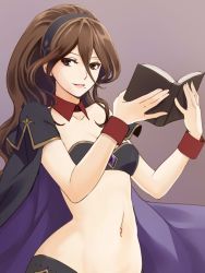 Rule 34 | 1girl, alternate costume, book, breasts, brown hair, cape, gloves, highres, jewelry, long hair, looking at viewer, navel, octopath traveler, octopath traveler i, primrose azelhart, shikimiorange, simple background, smile, solo