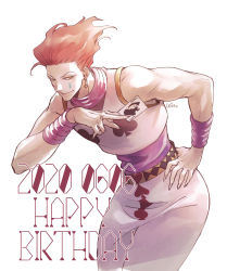 Rule 34 | 1boy, artist name, card, dated, earrings, hand on own hip, happy birthday, highres, hisoka morow, holding, holding card, hunter x hunter, jewelry, joker (playing card), leaning forward, male focus, playing card, red eyes, red hair, simple background, smile, solo, spade (shape), standing, teardrop tattoo, ushi 424, white background