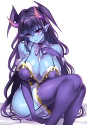 Rule 34 | 1girl, bare shoulders, blue skin, blue theme, blush, breasts, character request, choker, cleavage, collarbone, colored skin, demon horns, elbow gloves, garter straps, gloves, head wings, highres, horns, large breasts, long hair, looking at viewer, purple eyes, purple gloves, purple hair, purple thighhighs, senri gan, simple background, sitting, smile, solo, thighhighs, white background, wings