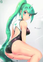 Rule 34 | 1girl, armor, artist logo, artist name, ass, back, blush, breasts, chinchongcha, female focus, glowing, gradient background, green eyes, green hair, hair ornament, headpiece, highres, large breasts, lens flare, long hair, looking at viewer, matching hair/eyes, nintendo, one-piece swimsuit, pneuma (xenoblade), ponytail, simple background, smile, solo, spoilers, swimsuit, tiara, xenoblade chronicles (series), xenoblade chronicles 2
