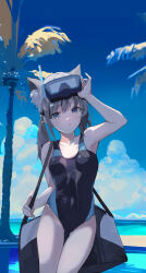 Rule 34 | 1569847238, 1girl, absurdres, animal ear fluff, animal ears, black one-piece swimsuit, blue archive, blue eyes, blue sky, breasts, cloud, competition swimsuit, covered navel, cowboy shot, cross hair ornament, day, diving mask, diving mask on head, extra ears, goggles, goggles on head, grey hair, hair ornament, halo, highres, horizon, low ponytail, medium hair, mismatched pupils, multicolored clothes, multicolored swimsuit, ocean, official alternate costume, one-piece swimsuit, outdoors, palm tree, shiroko (blue archive), shiroko (swimsuit) (blue archive), sky, small breasts, snorkel, solo, swimsuit, tree, wolf ears
