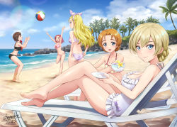 Rule 34 | 10s, 5girls, adjusting clothes, artist name, assam (girls und panzer), ball, barefoot, beach, beach chair, beachball, bikini, black bikini, black hair, blonde hair, blue eyes, braid, commentary request, crossed legs, cup, darjeeling (girls und panzer), day, artistic error, flower, frilled swimsuit, frills, girls und panzer, hair ribbon, halterneck, holding, holding cup, long hair, looking at viewer, multiple girls, one-piece swimsuit, orange hair, orange pekoe (girls und panzer), outdoors, palm tree, pink bikini, red hair, ribbon, rosehip (girls und panzer), rukuriri (girls und panzer), saucer, shamakho, sitting, smile, standing, swimsuit, teacup, tree, white one-piece swimsuit, wrong foot, yellow flower