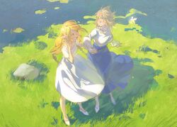 Rule 34 | 2girls, absurdres, blonde hair, blue skirt, braid, bug, butterfly, chinese commentary, commentary request, day, dress, dungeon meshi, elf, eye contact, falin touden, falin touden (tallman), floating hair, from above, full body, grass, green eyes, highres, holding hands, insect, lccc, long hair, looking at another, marcille donato, multiple girls, open mouth, outdoors, pointy ears, rock, shirt, shoes, short hair, short sleeves, skirt, smile, standing, sundress, twin braids, water, white dress, white footwear, white shirt, wind, yellow butterfly, yellow eyes, yuri