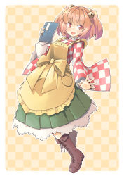 Rule 34 | 1girl, apron, arnest, bell, book, boots, border, bow, brown footwear, character name, checkered background, checkered clothes, checkered kimono, clothes writing, commission, cross-laced footwear, frilled apron, frills, green skirt, hair bell, hair ornament, highres, holding, holding book, japanese clothes, jingle bell, kimono, lace-up boots, long sleeves, looking at viewer, motoori kosuzu, open mouth, orange hair, outstretched hand, petticoat, red eyes, red kimono, shirt, short hair, sidelocks, skeb commission, skirt, smile, solo, touhou, two-tone kimono, two side up, white border, white kimono, white shirt, yellow apron, yellow background, yellow bow