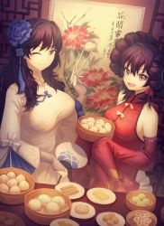 Rule 34 | 2girls, baozi, bare shoulders, black hair, blue flower, bow, breasts, brown eyes, china dress, chinese clothes, chopsticks, detached sleeves, double bun, dress, dumpling, elbow gloves, fingerless gloves, flower, food, girls&#039; frontline, gloves, gooster, hair between eyes, hair bun, hair flower, hair ornament, hair ribbon, hand fan, highres, holding, holding chopsticks, jiaozi, large breasts, long hair, mole, mole under eye, multiple girls, official alternate costume, one eye closed, open mouth, painting (action), plate, red dress, ribbon, shumai (food), siblings, sidelocks, single hair bun, sisters, sleeves past fingers, sleeves past wrists, smile, type 95 (girls&#039; frontline), type 95 (narcissus) (girls&#039; frontline), type 97 (girls&#039; frontline), type 97 (peony) (girls&#039; frontline), white dress