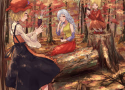 Rule 34 | 3girls, :t, aki minoriko, aki shizuha, autumn, autumn leaves, blonde hair, closed eyes, commentary request, day, detached sleeves, dress, fallen tree, food, forest, fruit, grapes, hand on own cheek, hand on own face, hat, holding, holding food, layered dress, long hair, long sleeves, mob cap, multiple girls, nature, one eye closed, open mouth, parted bangs, red eyes, roke (taikodon), sakata nemuno, short hair, sitting, skirt, squatting, standing, steam, sweet potato, touhou, tree stump, white hair, wide sleeves