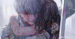 Rule 34 | 1boy, 1girl, absurdres, arm around neck, black gloves, blood, blood on clothes, blood on face, bloody weapon, brown hair, closed eyes, drop earrings, earrings, from behind, gloves, highres, holding, holding weapon, hug, injury, jacket, jewelry, long hair, long sleeves, love and deepspace, pink shirt, protagonist (love and deepspace), qunqing123, shirt, short hair, striped clothes, striped shirt, weapon, weibo watermark, white background, white hair, white jacket, xavier (love and deepspace)