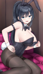 Rule 34 | 1girl, animal ears, areola slip, black bow, black bowtie, black hair, black hairband, black leotard, black pantyhose, blue eyes, bow, bowtie, breasts, cleavage, detached collar, fake animal ears, fake tail, hairband, highres, large breasts, leotard, long hair, looking at viewer, mizunashi kenichi, original, pantyhose, parted lips, playboy bunny, ponytail, rabbit ears, rabbit tail, smile, solo, tail, thighband pantyhose