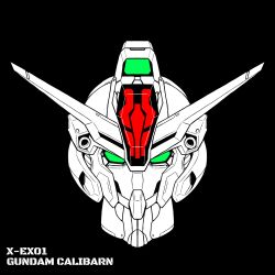 Rule 34 | black background, character name, check commentary, commentary request, english text, green eyes, gundam, gundam calibarn, gundam suisei no majo, head only, highres, looking at viewer, mecha, mobile suit, robot, solo, v-fin, xiphias (mmi-m15e)