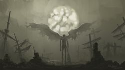 Rule 34 | 1other, ambiguous gender, bloodborne, commentary, copyright name, facing away, from behind, highres, holding, moon, orphan of kos, ruins, sail, scenery, sepia, ship, standing, the old hunters, torn wings, tripdancer, watercraft, weapon, wings
