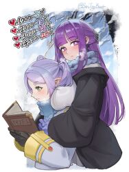 Rule 34 | 2girls, blunt bangs, blush, book, breast press, breasts, bright pupils, dress, elf, fern (sousou no frieren), frieren, height difference, holding, holding book, hug, hug from behind, large breasts, long hair, long sleeves, multiple girls, open book, pointy ears, purple eyes, purple hair, reading, sin (sintrybest), sousou no frieren, white dress