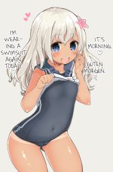Rule 34 | 10s, 1girl, :d, blue eyes, blush, breasts, clothes lift, covered navel, crop top, flower, hair flower, hair ornament, hard-translated, itou life, kantai collection, lifting own clothes, long hair, looking at viewer, navel, open mouth, ro-500 (kancolle), school swimsuit, school uniform, serafuku, shirt lift, silver hair, simple background, small breasts, smile, solo, swimsuit, swimsuit under clothes, tan, tanline, third-party edit, translated