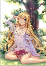 Rule 34 | 1girl, ahoge, bare legs, bare shoulders, barefoot, blonde hair, blue eyes, book, chestnut mouth, collarbone, criss-cross halter, day, detached sleeves, dress, grass, halter dress, halterneck, hand up, long hair, long sleeves, looking at viewer, one eye closed, open mouth, original, outdoors, sitting, solo, sunlight, tree, very long hair, white dress, yokozuwari, yue xiao e