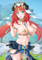 Rule 34 | 1girl, absurdres, armlet, breasts, circlet, floating hair, forehead jewel, genshin impact, gold, gold bracelet, green eyes, hands up, highres, horns, jewelry, large breasts, long hair, looking at viewer, low twintails, navel, neck ring, nilou (genshin impact), parted lips, pasties, red hair, solo, stomach, thighlet, topless, twintails, veil, wet, yiler