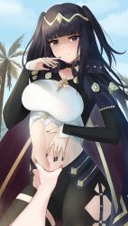 Rule 34 | 1girl, alternate costume, black cape, black eyes, black hair, black nails, black pants, black thighhighs, blue sky, blunt bangs, breasts, cape, cloud, commentary, cowboy shot, crop top, day, doiparuni, fire emblem, fire emblem awakening, fire emblem engage, hand up, highres, large breasts, leggings, long hair, long sleeves, looking at viewer, midriff, nail polish, navel, nintendo, pants, pov, sage outfit (fire emblem engage), single thighhigh, sky, solo, standing, stomach, tharja (fire emblem), thighhighs, torso grab, tree, two side up, very long hair