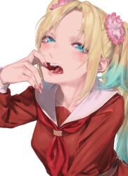 Rule 34 | 1girl, blonde hair, blue eyes, brown serafuku, fangs, finger in own mouth, highres, link! like! love live!, love live!, multicolored hair, neckerchief, osawa rurino, parted bangs, pink nails, red neckerchief, saidamoosu (tree 3m), school uniform, serafuku, simple background, solo, teeth, tongue, twintails, upper body, white background