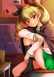 Rule 34 | 1girl, alternate costume, anchovy (girls und panzer), black cape, black neckerchief, black ribbon, black socks, blouse, cape, chair, classroom, desk, drill hair, girls und panzer, green hair, green skirt, hair ribbon, hugging own legs, indoors, knee up, leaning forward, long hair, long sleeves, looking at viewer, miniskirt, neckerchief, ooarai school uniform, parda siko, parted lips, pleated skirt, red eyes, ribbon, sailor collar, school chair, school desk, school uniform, serafuku, shirt, sitting, skirt, smile, socks, solo, twilight, twin drills, twintails, white sailor collar, white shirt