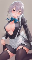 Rule 34 | 1girl, absurdres, apron, areola slip, bad id, bad twitter id, braid, breasts, cleavage, clothes lift, dress, frilled apron, frills, garter straps, highres, izayoi sakuya, large breasts, licking lips, looking at viewer, maid, maid apron, maid headdress, naughty face, silver hair, skirt, skirt lift, solo, steam, steam from mouth, tabey0u, thighhighs, tongue, tongue out, touhou, twin braids, unbuttoned, unbuttoned shirt, zettai ryouiki