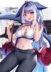 Rule 34 | 1girl, :d, ahoge, animal ears, bare arms, bare shoulders, belt collar, black collar, black pants, blue hair, cetacean tail, collar, commentary, cowboy shot, criss-cross halter, crop top, english commentary, fangs, fins, fish tail, halterneck, hands up, heart, heart-shaped pupils, heart ahoge, highres, indie virtual youtuber, leggings, long hair, looking at viewer, midriff, multicolored hair, nail polish, navel, open mouth, pants, purple eyes, purple nails, revision, shylily, smile, solo, sports bra, squchan, standing, stomach, streaked hair, symbol-shaped pupils, tail, thighs, very long hair, virtual youtuber, white hair