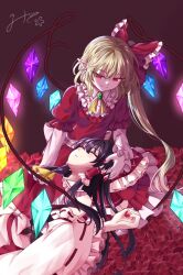 Rule 34 | 2girls, ascot, blonde hair, blush, bow, brown hair, closed eyes, closed mouth, collar, collared shirt, commentary request, crystal, detached sleeves, dress, flandre scarlet, frilled bow, frilled collar, frilled hair tubes, frilled shirt collar, frills, hair bow, hair tubes, hakurei reimu, hand on another&#039;s head, highres, lap pillow, long hair, looking at another, lying, mito (fate), multiple girls, nail polish, one side up, open mouth, puffy short sleeves, puffy sleeves, red bow, red dress, red eyes, red shirt, red skirt, ribbon-trimmed sleeves, ribbon trim, shirt, short hair, short sleeves, side ponytail, sidelocks, sitting, skirt, sleeveless, sleeveless dress, sleeveless shirt, slit pupils, smile, touhou, wide sleeves, wings, yellow ascot, yokozuwari, yuri