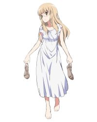 Rule 34 | 1girl, barefoot, blonde hair, blush, breasts, closed mouth, collarbone, dress, full body, glasses, highres, holding, holding clothes, holding footwear, kaneko (novram58), long hair, looking at viewer, perrine h. clostermann, shoes, simple background, small breasts, smile, solo, standing, strike witches, unworn shoes, white background, white dress, world witches series, yellow eyes