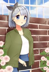 Rule 34 | 1girl, alternate costume, bad id, bad pixiv id, black bow, blouse, blue eyes, book, book on lap, bow, brick wall, cardigan, casual, collarbone, contemporary, flower, green cardigan, hairband, highres, konpaku youmu, looking at viewer, open cardigan, open clothes, parted lips, shinonome asu, shirt, short hair, silver hair, solo, touhou, white shirt