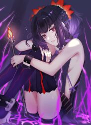 Rule 34 | 1girl, absurdres, baton (weapon), black choker, braid, choker, curled up, flower, hair ornament, highres, jewelry, looking at viewer, mole, mole under eye, nail polish, purple eyes, purple hair, red nails, satta (uvoooe), solo, symonne (tales), tales of (series), tales of zestiria, thighhighs, twintails, weapon