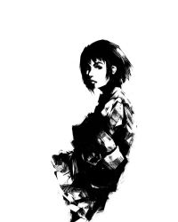 Rule 34 | 1girl, black eyes, black hair, bob cut, closed mouth, contrast, crosshatching, expressionless, from side, greyscale, hatching (texture), looking at viewer, looking to the side, monochrome, monogatari (series), oshino ougi, ougibro (spookybro), realistic, school uniform, serious, shirt, short hair, simple background, skirt, sleeves past wrists, solo, white background