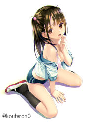 Rule 34 | 1girl, :d, arm support, between legs, black socks, blue buruma, blue sailor collar, blush, bra, breasts, brown eyes, buruma, cleavage, commentary request, full body, hand between legs, hand up, koutaro, long hair, looking at viewer, medium breasts, off shoulder, one side up, open clothes, open mouth, open shirt, original, pink bra, sailor collar, school uniform, serafuku, shadow, shirt, shoes, short sleeves, simple background, sitting, smile, socks, solo, underwear, uwabaki, wariza, white background, white footwear, white shirt