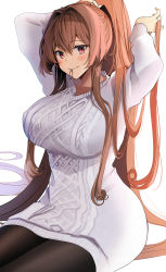 Rule 34 | 1girl, adjusting hair, aran sweater, black pantyhose, blush, breasts, brown eyes, brown hair, cable knit, closed mouth, dress, hair between eyes, hair intakes, hairdressing, highres, jewelry, kantai collection, large breasts, long hair, long sleeves, looking at viewer, mouth hold, pantyhose, ponytail, ring, simple background, sitting, smile, solo, sweater, sweater dress, very long hair, white background, white sweater, yamato (kancolle), yunamaro