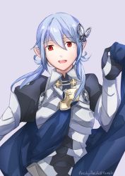 Rule 34 | 1girl, blue skirt, butterfly hair ornament, cape, corrin (female) (fire emblem), corrin (fire emblem), elbow gloves, feesh, fire emblem, fire emblem fates, flower, gloves, grey background, hair ornament, long hair, looking at viewer, nintendo, pointy ears, red eyes, simple background, skirt, smile, solo