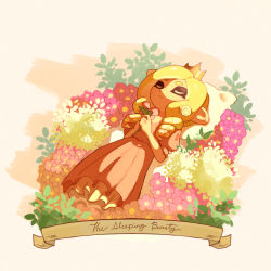 Rule 34 | 1girl, absurdres, blonde hair, closed eyes, closed mouth, copyright name, crown, dress, drill hair, english text, expressionless, female focus, flat chest, flower, full body, hands up, highres, holding, holding flower, layered dress, long hair, lying, nintendo, octoling, octoling girl, octoling player character, on back, own hands together, pillow, pink dress, pink flower, puffy short sleeves, puffy sleeves, short sleeves, sidelocks, sleeping, sleeping beauty, solo, splatoon (series), tentacle hair, tentacles, twin drills, u u, uroko (rwde4544), white flower, yellow headwear