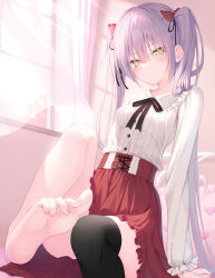 Rule 34 | 1girl, absurdres, arm support, barefoot, black ribbon, blush, bow, breasts, collar, commentary, curtains, eyelashes, feet, foot out of frame, frilled collar, frilled skirt, frills, hair bow, hair ribbon, high-waist skirt, highres, indoors, knee up, legs, light purple hair, long hair, long sleeves, looking at viewer, nail polish, neck ribbon, on bed, original, pink nails, red bow, red skirt, ribbed shirt, ribbon, shinigami (tukiyomiikuto), shirt, single bare leg, single thighhigh, sitting, skirt, small breasts, soles, solo, spread toes, symbol-only commentary, thighhighs, thighs, toe scrunch, toenail polish, toenails, toes, twintails, very long hair, white shirt, window, yellow eyes