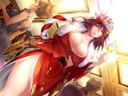 Rule 34 | 1girl, action taimanin, alternate costume, aoi nagisa (metalder), bare legs, breasts, cleavage, cup, dress, drinking glass, flower, flower on head, game cg, huge breasts, japanese clothes, lilith-soft, lips, looking at viewer, mizuki shiranui, multiple others, official alternate costume, seductive smile, shiny skin, smile, standing, taimanin (series), taimanin yukikaze