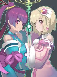 00s 2girls ar_tonelico ar_tonelico_iii bad_id bad_pixiv_id blonde_hair blush bow detached_sleeves finnel_(ar_tonelico) gust izuru_(timbermetal) long_hair multiple_girls pink_eyes purple_eyes purple_hair saki_(ar_tonelico) short_hair smile twintails