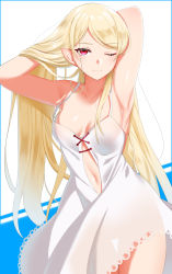 Rule 34 | 1girl, armpits, arms behind head, arms up, bad id, bad pixiv id, bakemonogatari, bare shoulders, blonde hair, blue background, breasts, collarbone, commentary request, dress, highres, kiss-shot acerola-orion heart-under-blade, long hair, looking at viewer, medium breasts, meettheton, monogatari (series), navel, one eye closed, oshino shinobu, pink eyes, pointy ears, see-through, simple background, solo, standing, two-tone background, very long hair, white background, white dress