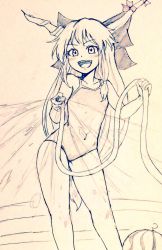 Rule 34 | 1girl, alternate costume, bare legs, breasts, commentary request, covered navel, d-m (dii emu), eyelashes, food, foot out of frame, fruit, greyscale, hose, ibuki suika, looking at viewer, monochrome, one-piece swimsuit, open mouth, small breasts, spraying, standing, swimsuit, touhou, water, watermelon