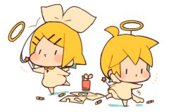 Rule 34 | 1boy, 1girl, ^^^, aged down, angel wings, baby, blonde hair, blush, bow, brother and sister, chibi, commentary, crayon, dress, fake halo, full body, hair bow, hair ornament, hairclip, halo, kagamine len, kagamine rin, kitsune no ko, leaning forward, paper, scissors, short hair, short ponytail, siblings, spiked hair, standing, standing on one leg, star wand, swept bangs, twins, vocaloid, wand, white bow, white dress, wings, | |