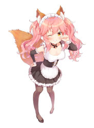 Rule 34 | 1girl, absurdres, animal ear fluff, animal ears, apron, bad id, bad pixiv id, black footwear, black skirt, black sleeves, blush, brown eyes, brown pantyhose, commentary request, detached sleeves, fate/extra, fate (series), foreign blue, fox ears, fox girl, fox tail, frilled apron, frilled skirt, frilled sleeves, frills, full body, grin, hair between eyes, highres, long hair, long sleeves, maid, maid headdress, official alternate costume, one eye closed, pantyhose, pink hair, shirt, shoes, simple background, skirt, sleeveless, sleeveless shirt, smile, solo, standing, tail, tamamo (fate), tamamo no mae (fate/extra), tamamo no mae (tailmaid strike) (fate), twintails, white apron, white background, white shirt