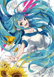 Rule 34 | 1girl, angelfish, aqua hair, baracan, blonde hair, blue eyes, blue sailor collar, breasts, commentary request, dress, eyelashes, feet out of frame, fish, flower, highres, leaning back, long hair, looking at viewer, lower teeth only, medium breasts, multicolored hair, open mouth, original, outstretched arms, sailor collar, sailor dress, short sleeves, sidelocks, smile, spread arms, streaked hair, sunflower, teeth, tongue, very long hair, water drop, white dress