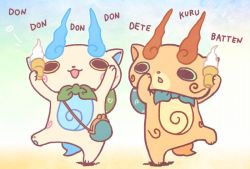 Rule 34 | 10s, brothers, chill ykon, coin purse, food, furoshiki, gradient background, ice cream, ice cream cone, komajirou, komasan, no humans, open mouth, romaji text, siblings, soft serve, standing, standing on one leg, traditional youkai, youkai watch, youkai watch 2