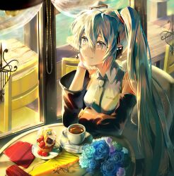 Rule 34 | 1girl, aqua flower, aqua hair, aqua necktie, aqua rose, arm support, bare shoulders, black sleeves, blue flower, blue rose, bouquet, breasts, bright pupils, cafeteria, caustics, chair, closed mouth, coffee mug, collared shirt, cup, cupcake, day, detached sleeves, drink, elbow on table, elbow rest, eyelashes, flower, food, fork, fruit, glint, green flower, green rose, grey eyes, hair between eyes, hatsune miku, headset, highres, honey, indoors, light particles, long hair, looking afar, medium breasts, menu, mint, mug, napkin, necktie, plate, purple flower, purple rose, raspberry, rose, saihate (d3), saucer, shirt, sidelighting, sidelocks, sitting, sleeveless, sleeveless shirt, smile, solo, strawberry, sunlight, table, tareme, twintails, very long hair, vocaloid, water, whipped cream, white flower, white pupils, white rose, white shirt, wide sleeves, window, wooden chair, wooden table