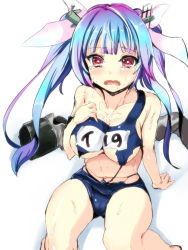 Rule 34 | 10s, 1girl, blue hair, blunt bangs, breasts, gin&#039;ichi (akacia), hair ornament, hair ribbon, highres, i-19 (kancolle), kantai collection, large breasts, long hair, looking at viewer, multicolored hair, one-piece swimsuit, purple eyes, red eyes, ribbon, school swimsuit, simple background, sketch, solo, swimsuit, tears, torn clothes, torn swimsuit, twintails, two-tone hair, white background
