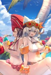 Rule 34 | 2girls, animal hat, bandana, barefoot, bikini, bird, breasts, brown hair, cat hat, character request, closed eyes, cloud, collarbone, copyright request, day, eating, fang, flower, food, frilled bikini, frills, goggles, goggles on head, hat, highres, large breasts, multiple girls, navel, open mouth, palm tree, seagull, shaved ice, short hair, siki 00, sky, star-shaped pupils, star (symbol), swimsuit, symbol-shaped pupils, tree, white hair
